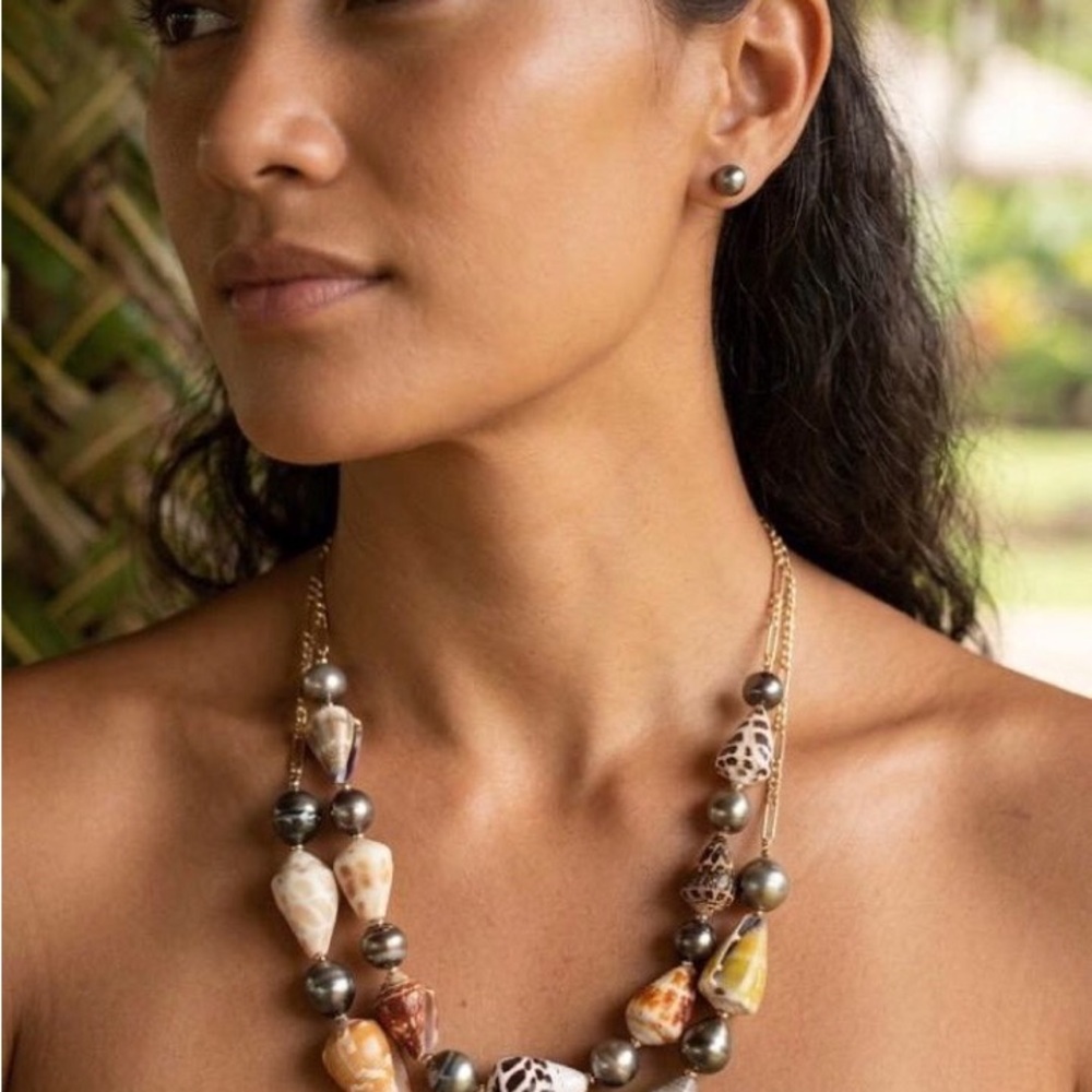 Real Tahitian pearls and Hawaiian cone shell necklace, 14K gold filled chain.
